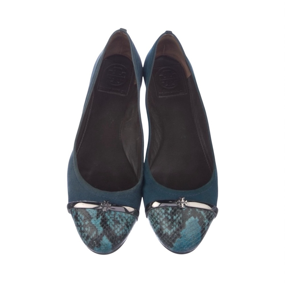Tory Burch Pacey Teal/Blue Leather/Snakeskin Flats w/ Gunmetal Hardware Size 7